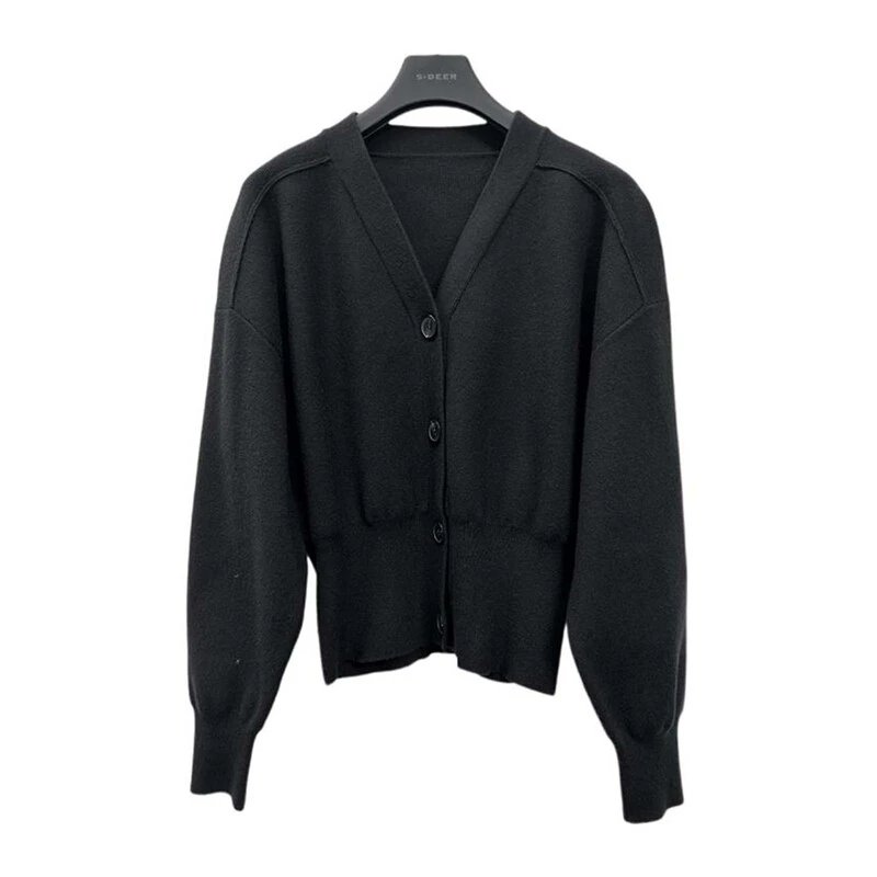 S·DEER圣迪奥黑色女装时尚新品罗纹V领落肩袖开衫针织衫S233Z3510