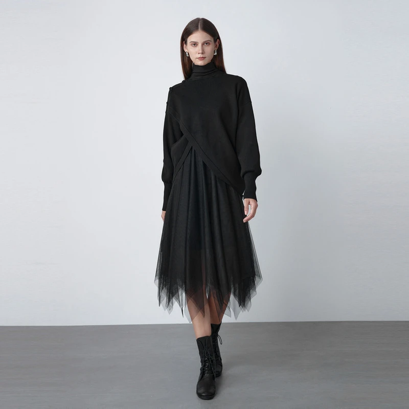 圣迪奥高级女装时尚优雅网纱黑色毛衣连衣裙S221Z1234