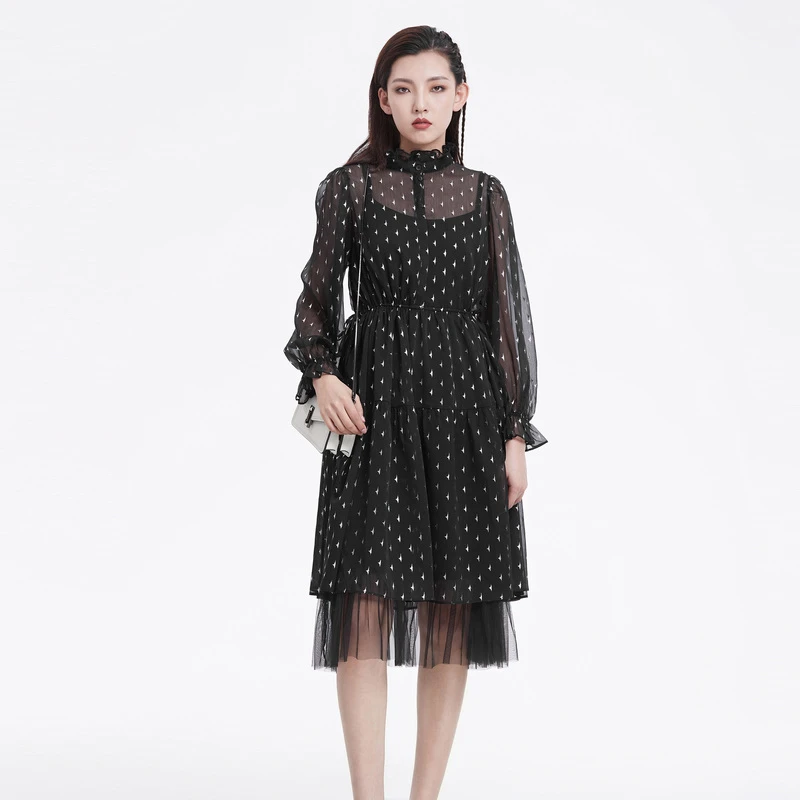 S·DEER圣迪奥女装优雅拼接木耳边网纱吊带两件套连衣裙S221Z1296