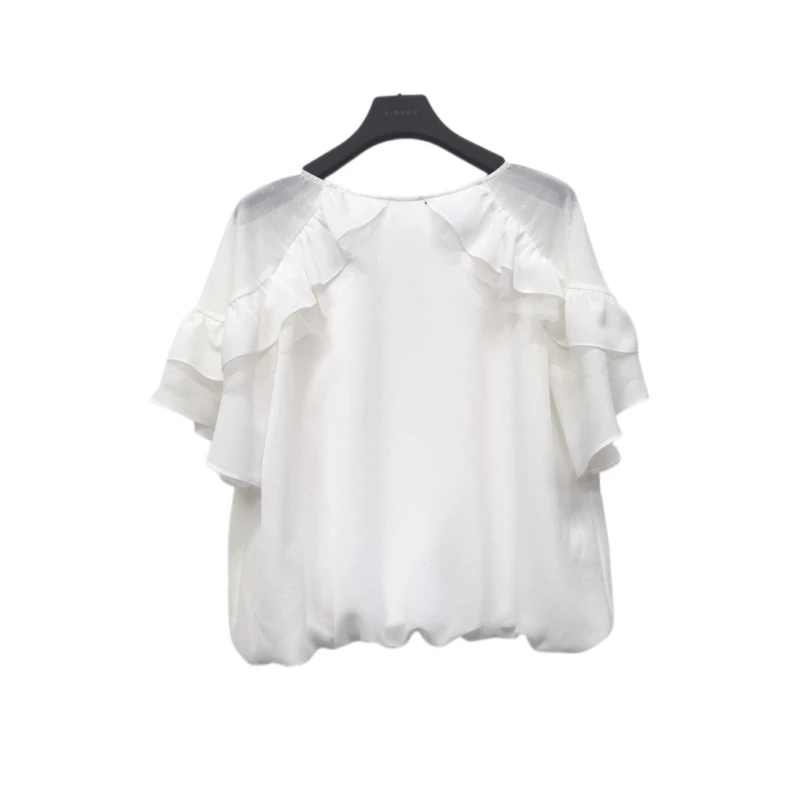 圣迪奥夏季新款雪纺衫衬衫时尚百搭宽松圆领白色上衣S232Z0438