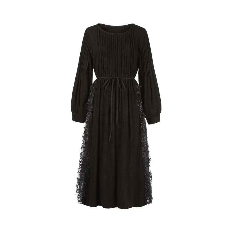 圣迪奥优雅褶皱设计网纱拼接长袖春季长裙连衣裙S241Z1267