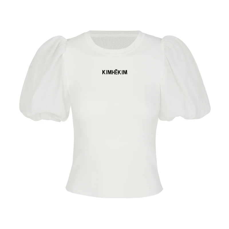 sdeer圣迪奥夏季女装罗纹时尚圆领撞色字母泡泡袖针织衫S22283506