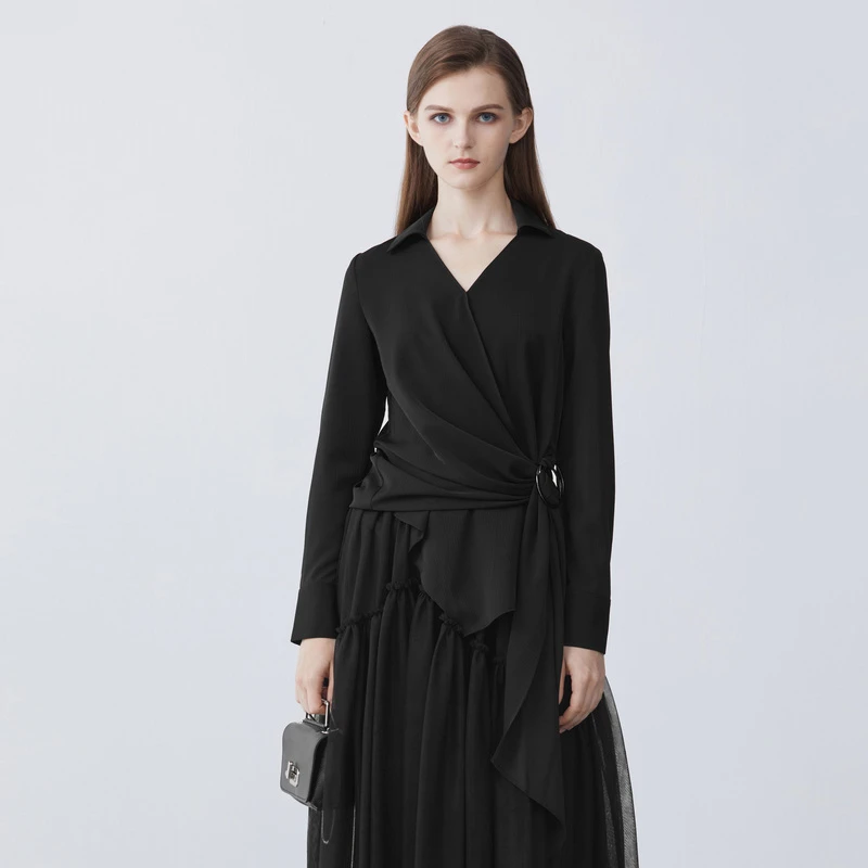 S·DEER圣迪奥女装时尚设计感V领立体裁剪不规则长袖衬衫S21380508