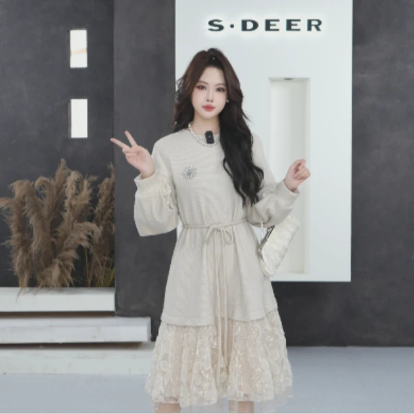 圣迪奥秋冬百搭圆领针织收腰显瘦气质连衣裙S244Z1206