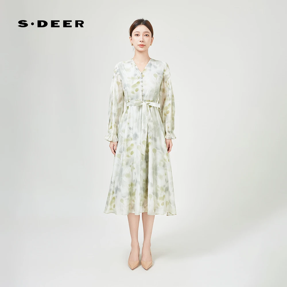 圣迪奥女装显瘦气质清新V领显瘦秋夏长袖连衣裙S243Z1208