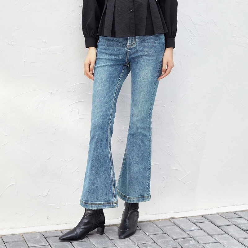 sdeer圣迪奥女装时尚百搭做旧休闲修身插袋喇叭牛仔长裤S233Z0807