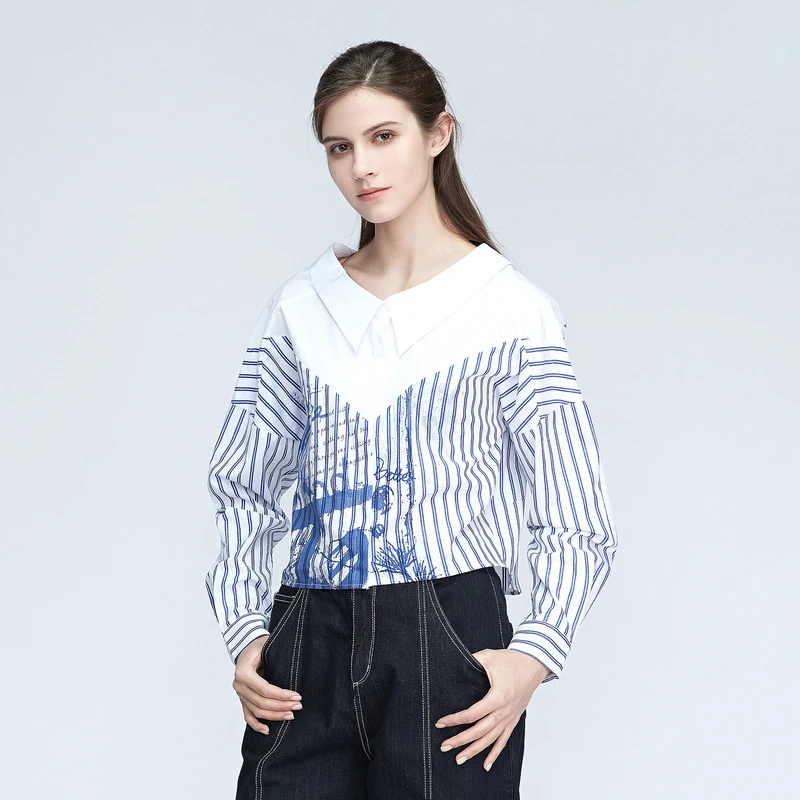 S.DEER圣迪奥女装夏季新款时尚休闲V领条纹印花短款衬衫S21180504