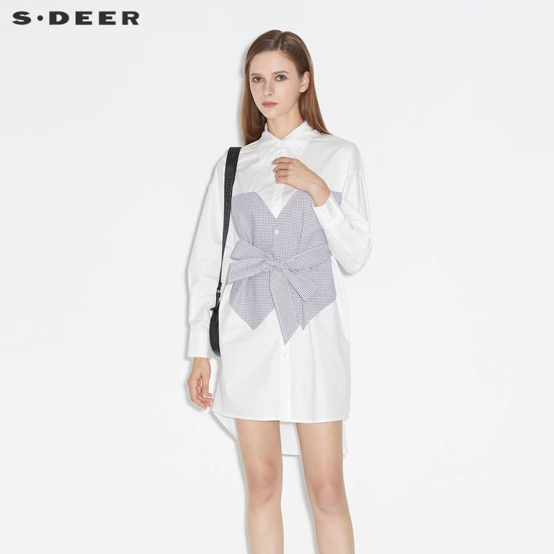 S·DEER圣迪奥女装春秋时尚休闲格纹拼接收腰长款衬衫S21360509