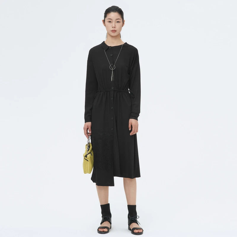 S·DEER圣迪奥女装长袖修身设计师时尚收腰拼接款连衣裙S221Z1205