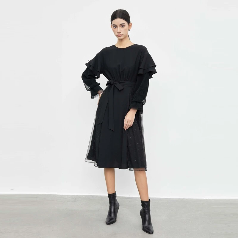 S·DEER圣迪奥女装时尚圆领收腰网纱雪纺荷叶边连衣裙S233Z12G6