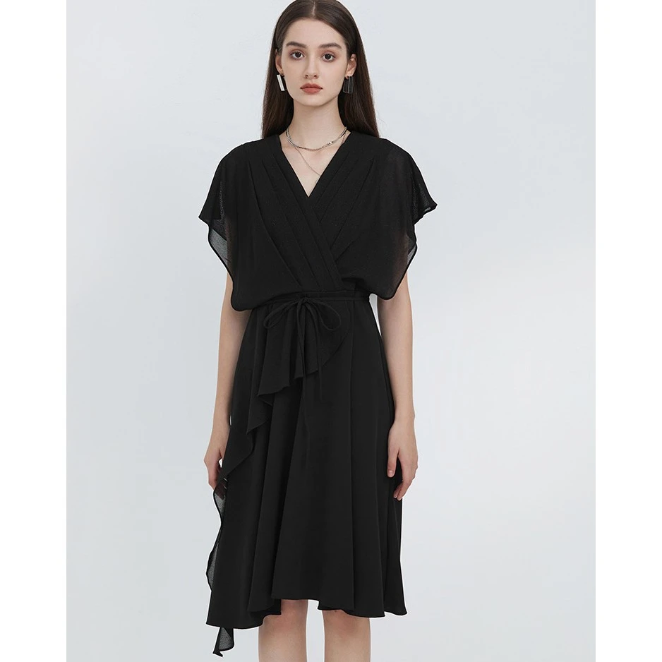 S·DEER圣迪奥气质轻奢朦胧月光压褶收腰垂坠显瘦连衣裙S223Z12N9