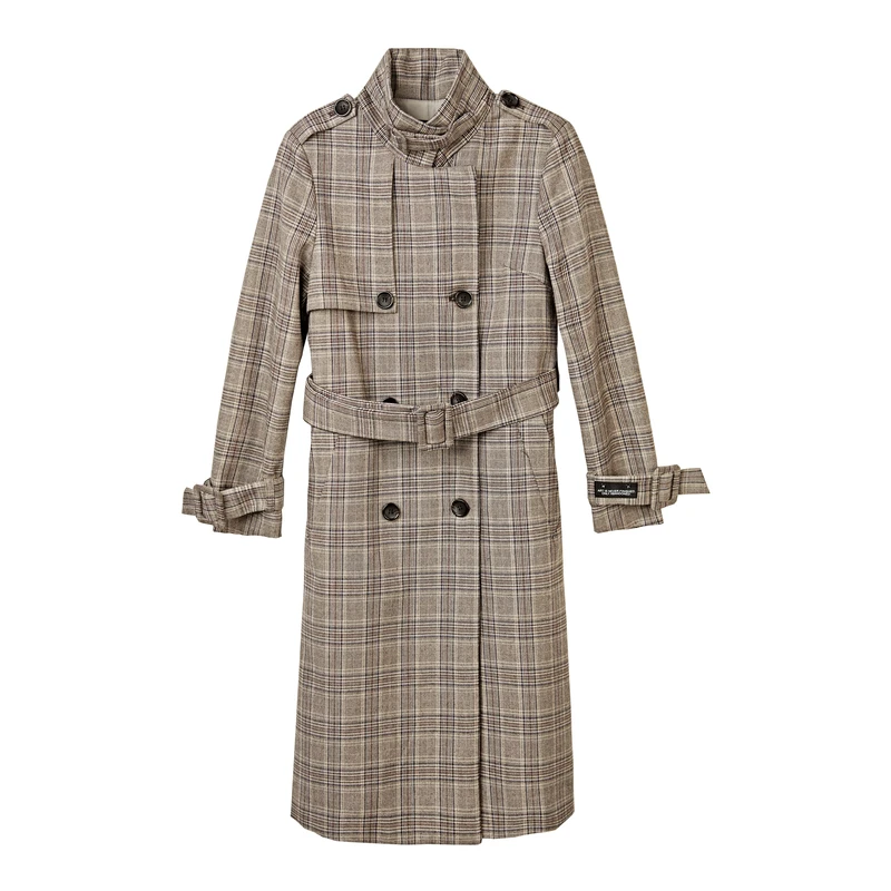 S·DEER【雅丹风】圣迪奥千鸟格时尚格纹拼接收腰长外套S20381820