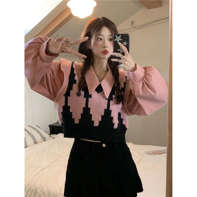 衬衫拼接假两件套针织马甲女春秋新款短款小个子针织背心女外穿