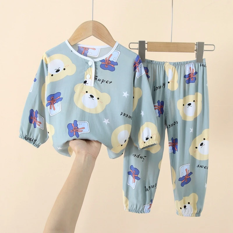 收口长袖儿童棉绸睡衣夏季男童女孩绵绸防蚊空调家居服套装宝宝装