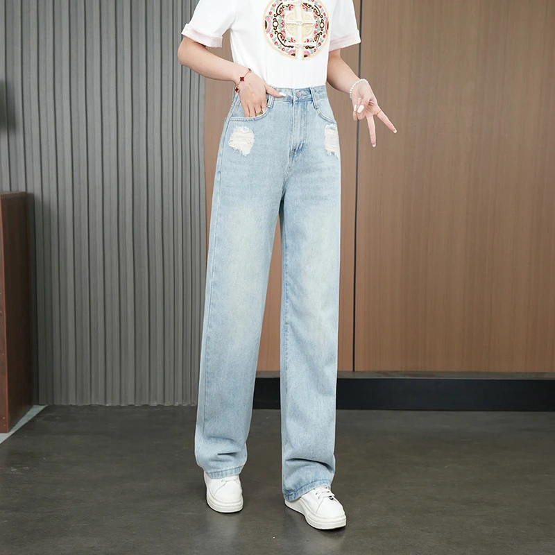 春季网络新款破洞时尚潮流高腰小个子显瘦休闲宽松薄款拖地阔腿裤