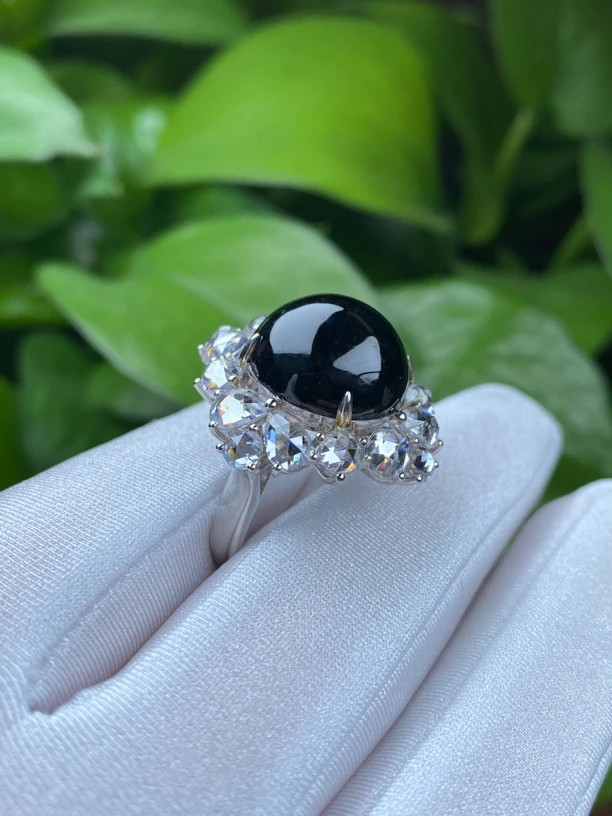 天然翡翠墨翠925银镀金女款戒指镶嵌女王时尚白色精致气质简约