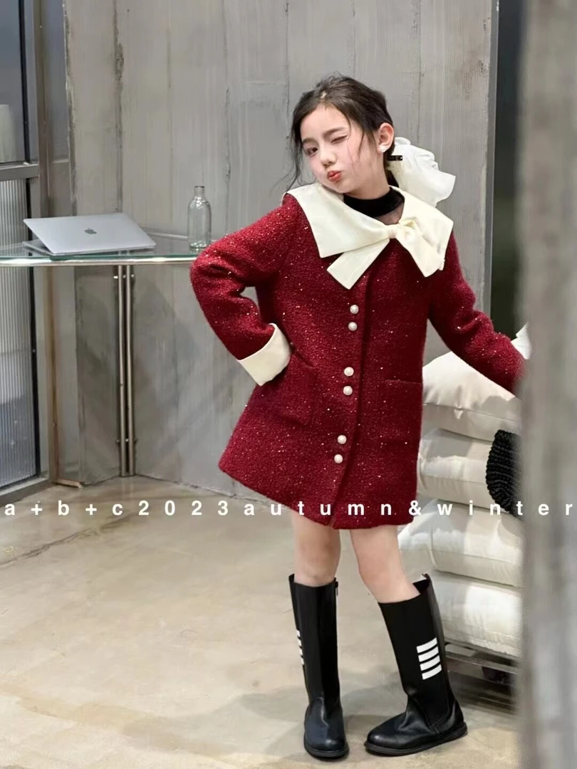 外套套装小香风女童洋气加厚秋冬儿童时尚红色大童中长款韩版