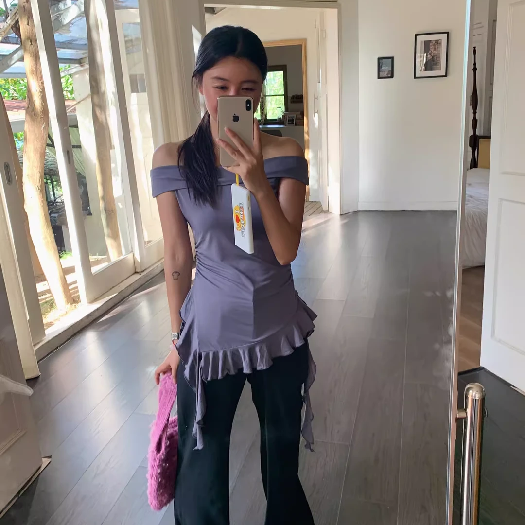 25年暑期福利【NO退NO换】 灰紫飘带一字肩TT恤上衣