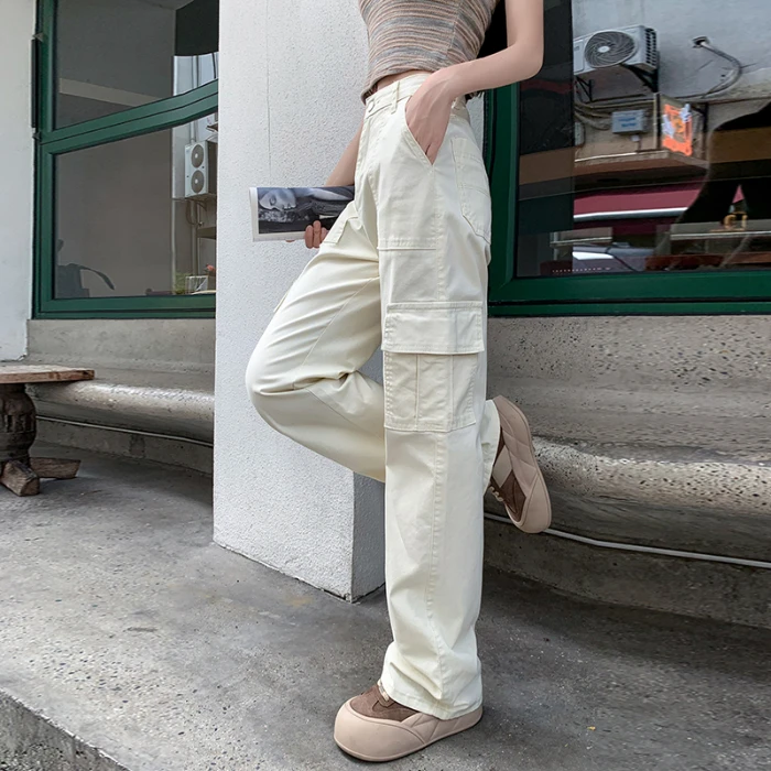 Ranya白色窄版工装裤女2025高腰新款宽松显瘦美式复古直筒休闲裤