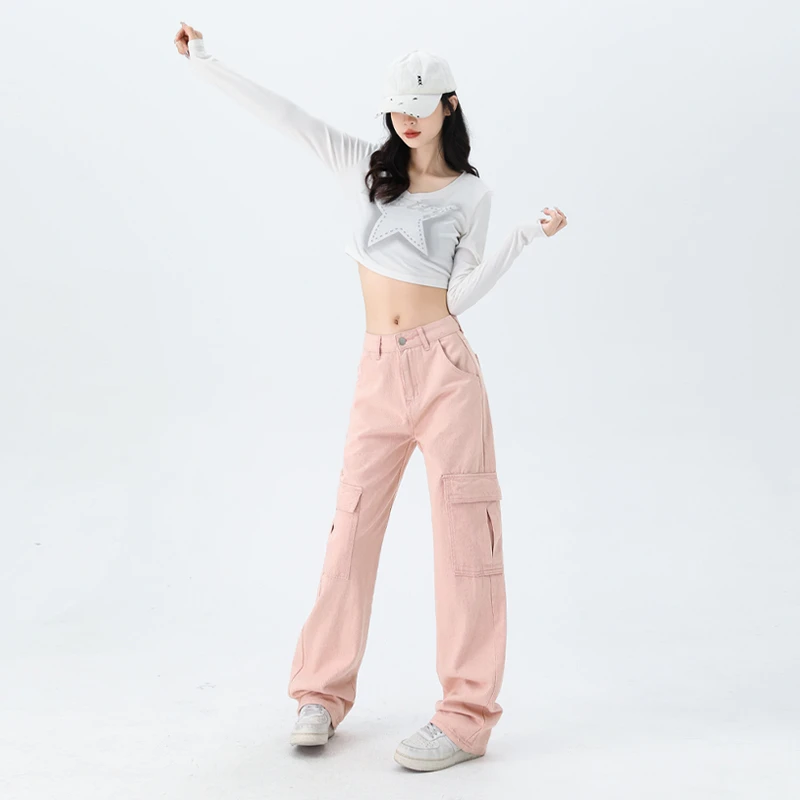 脏粉色窄版直筒工装裤女2024春季新款高腰显瘦美式宽松休闲裤