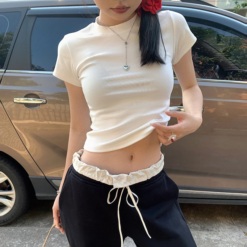 4色正肩修身t恤女2024新款夏季纯色百搭显瘦短袖辣妹上衣基础款