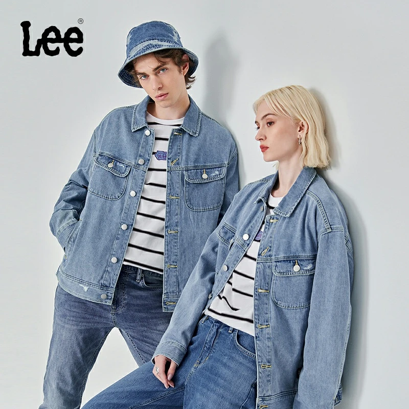 【牛仔外套】Lee舒适版型翻领浅蓝色男女同款骑士短外套潮流