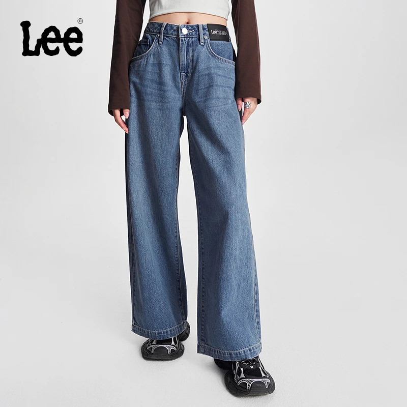 【阔腿裤】Lee春季新品宽松直筒低腰浅蓝色女阔腿牛仔裤潮流
