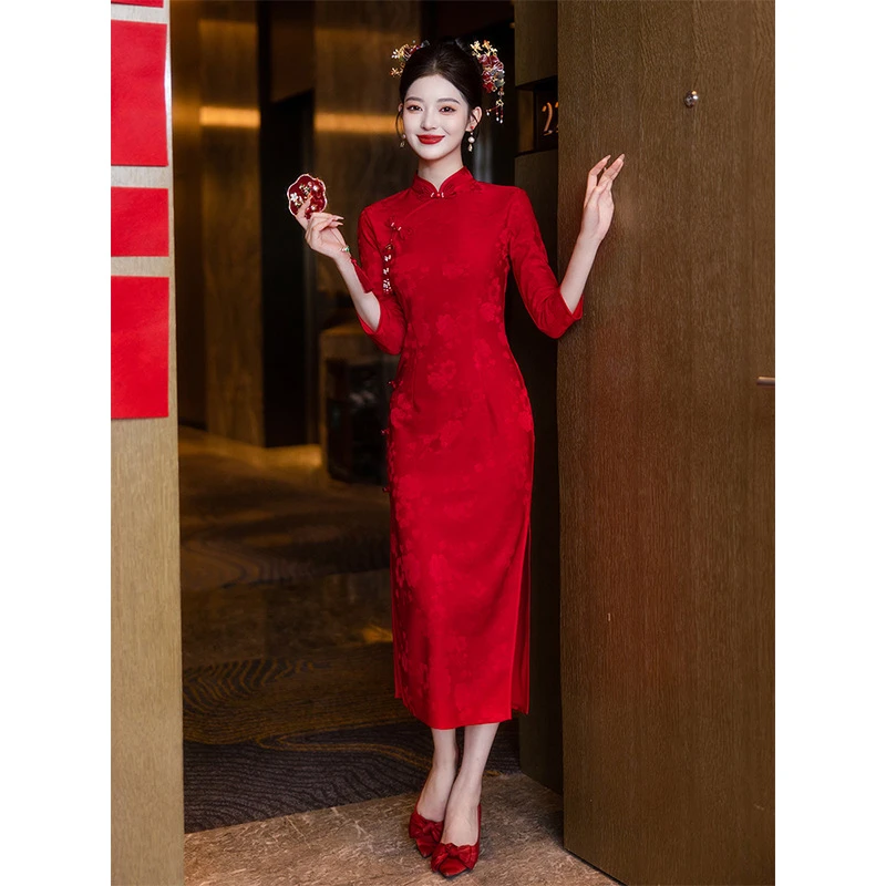 红色新中式旗袍裙敬酒服新娘装改良版结婚服显瘦订婚宴礼服连衣裙