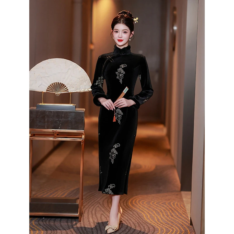 黑色显瘦旗袍裙冬季改良新中式修身气质显瘦复古小个子日常连衣裙