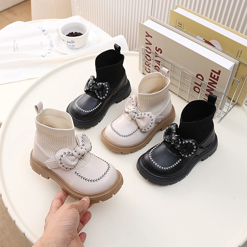 女童靴子儿童袜靴2025新款秋冬季马丁靴小女孩单靴蝴蝶结公主短靴