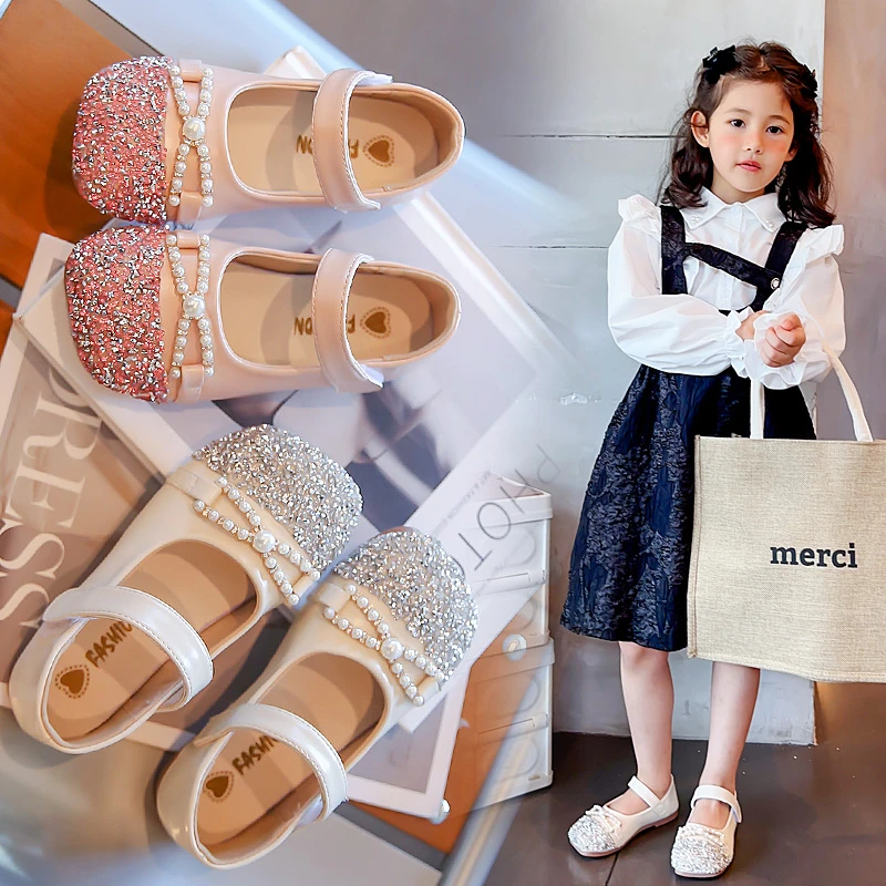 女童公主鞋2025新款春秋儿童鞋子软底网红水晶小女孩单鞋宝宝皮鞋