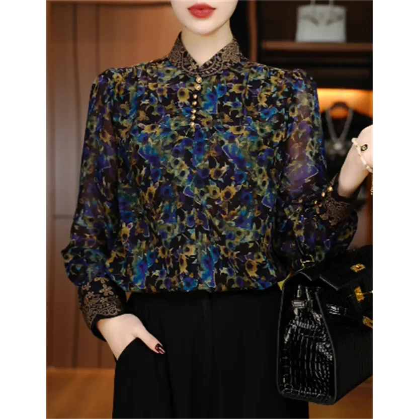 秋季时尚显瘦优雅洋气气质休闲印花百搭半高领领衬衫