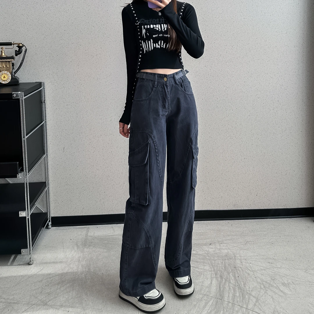 lalarich153小个子深灰色美式高街复古工装裤女直筒休闲裤秋