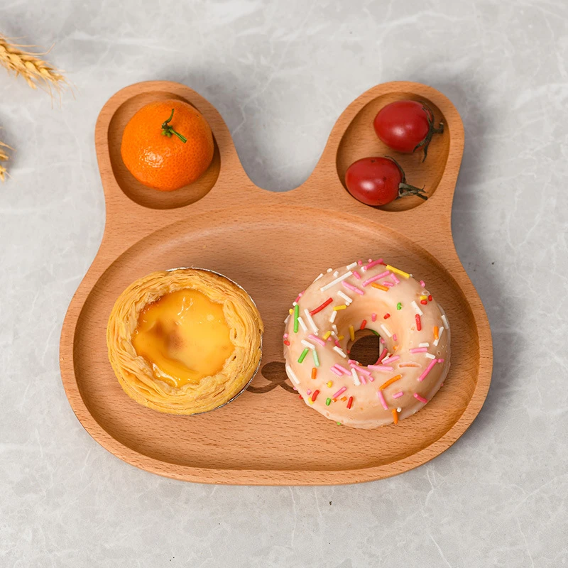 实木榉木餐盘韩国可爱兔子碗儿童餐盘宝宝分格餐盘卡通实木托盘子