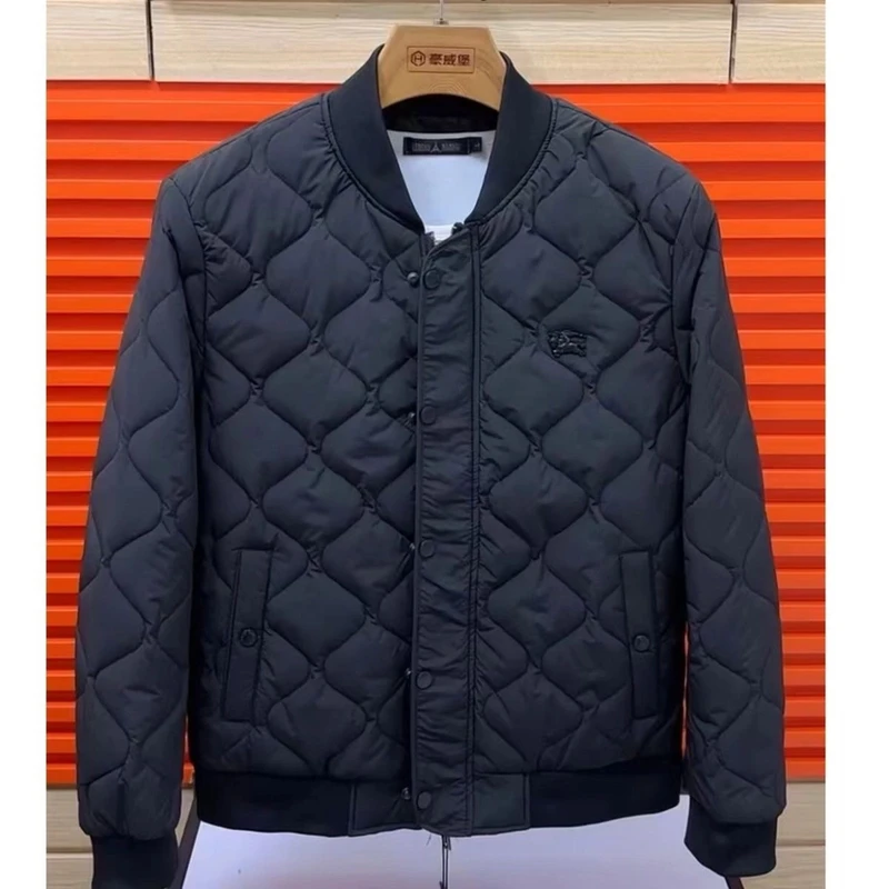 2024男士薄棉棒球领外套菱形小格子户外休闲保暖秋冬修身防风防寒