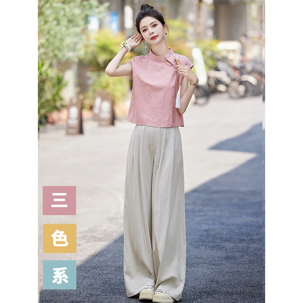 2025新中式轻国风短袖减龄洋气上衣阔腿裤两件套夏季时尚爆款女装