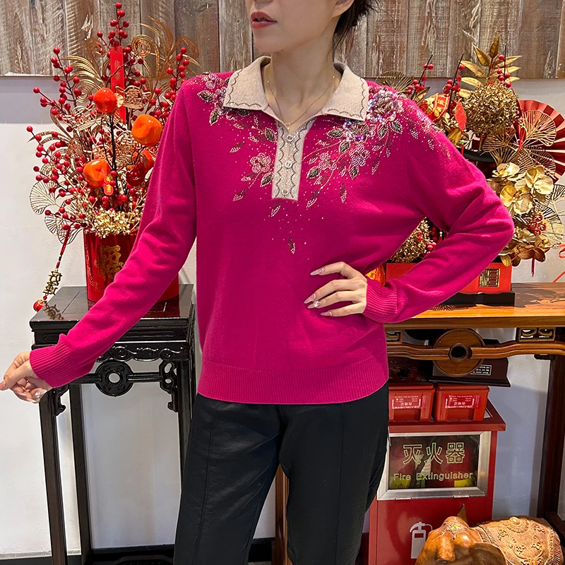 荣澜秋冬季重工刺绣毛衣妈妈毛衣针织衫大码女装3465款