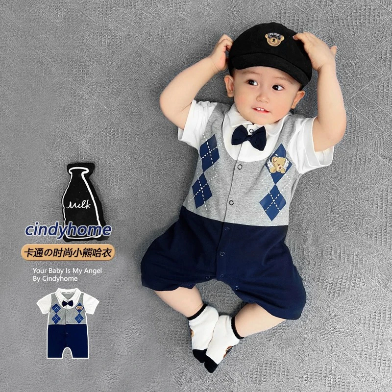 婴儿薄款纯棉帅气连体衣夏装半袖新生儿背带假两件韩版