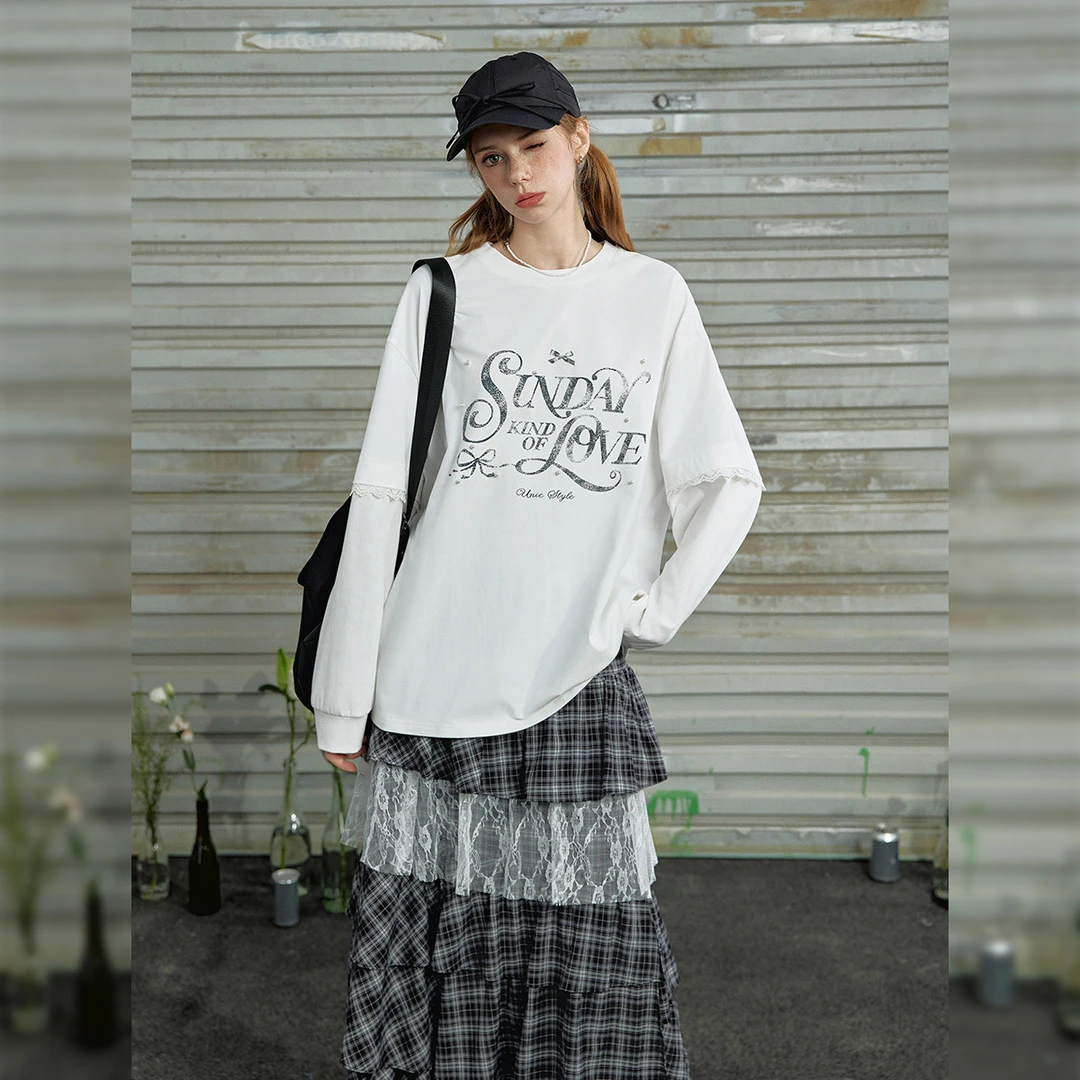 unifree【秋装】白色长袖T恤蝴蝶结印花宽松潮流百搭韩版上衣