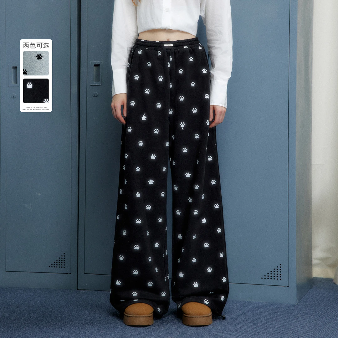 加绒休闲运动裤可爱爪印满印花保暖直筒加厚宽松阔腿长裤