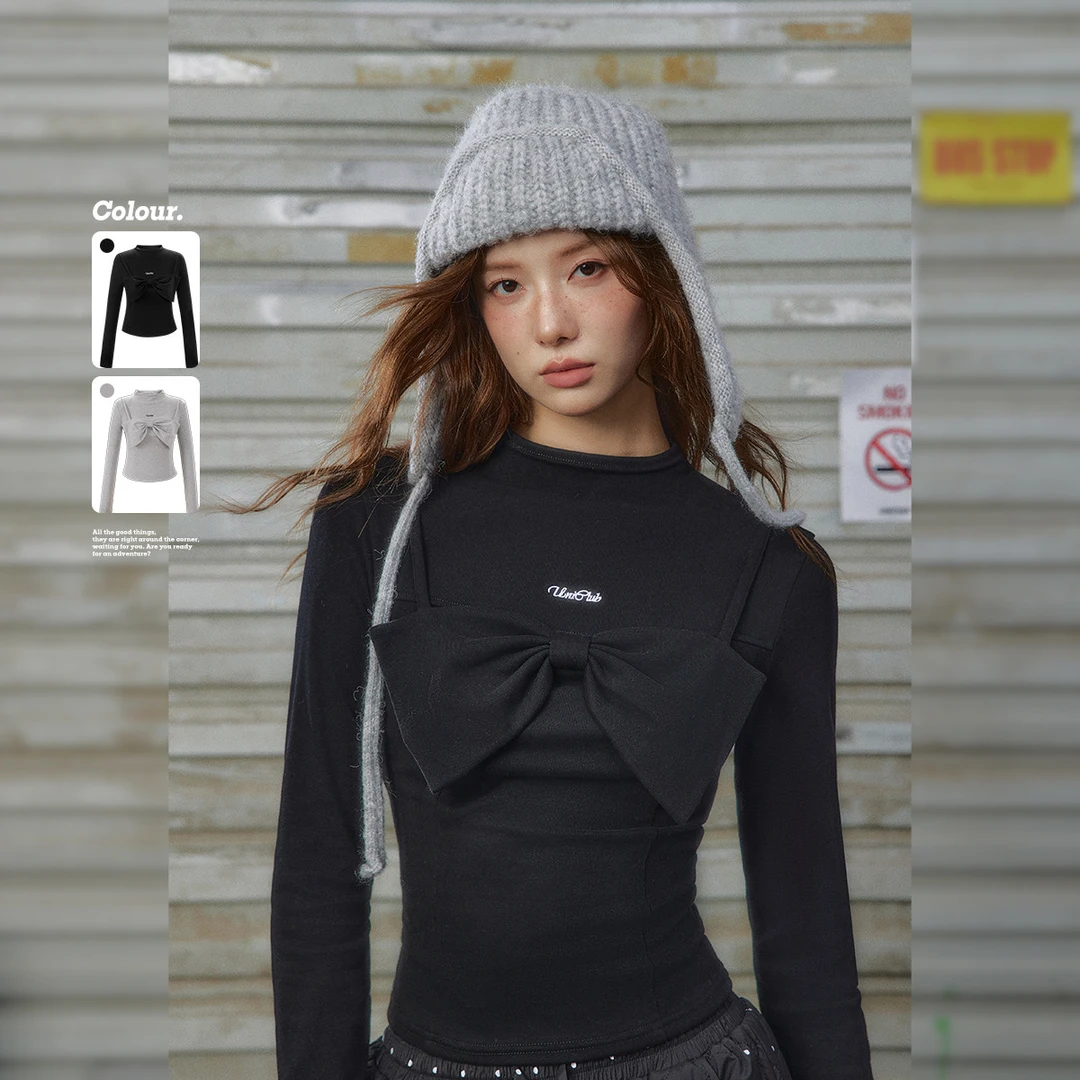 unifree【24年秋款】甜美可爱少女风立体蝴蝶结装饰半高领修身T恤