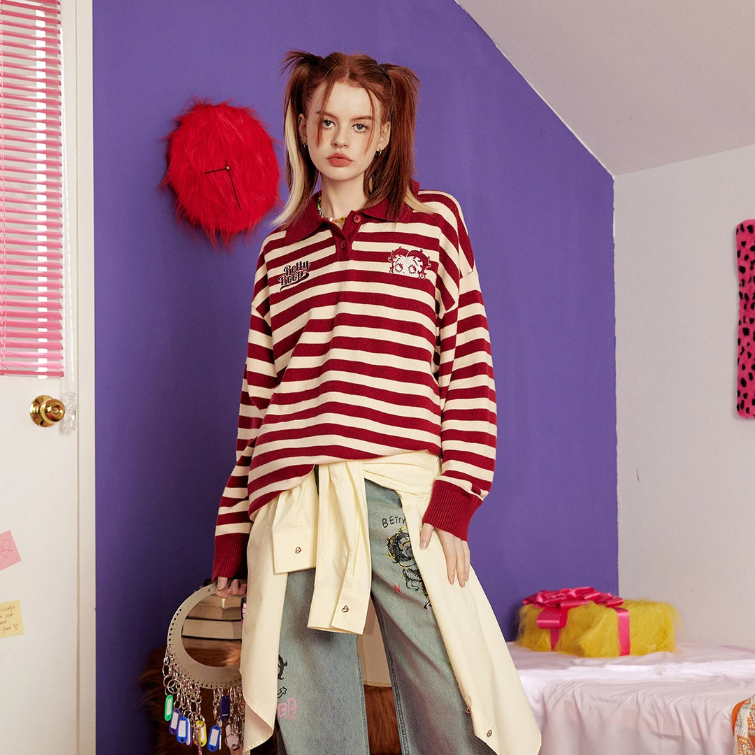 【Betty Boop联名】美式复古百搭polo领红色条纹针织衫上衣
