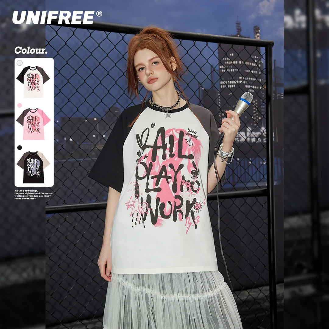 短袖T恤女【PLAYBOY联名】美式插肩袖撞色宽松学院风上衣