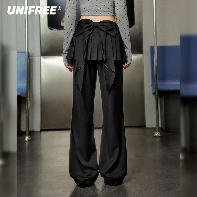 unifree【秋装】黑色西装裤裙气质设计感假两件阔腿拖地长裤