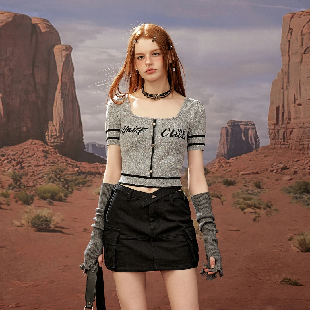 夏款甜辣风小众洋气减龄修身短款撞色针织T恤