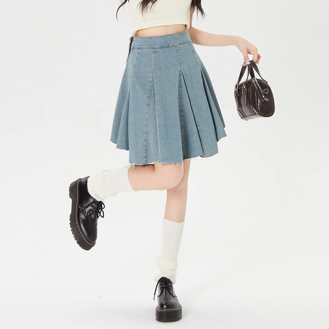 unifree牛仔短裙显瘦半身裙夏季时尚辣妹潮酷洋气做旧水洗毛边A字