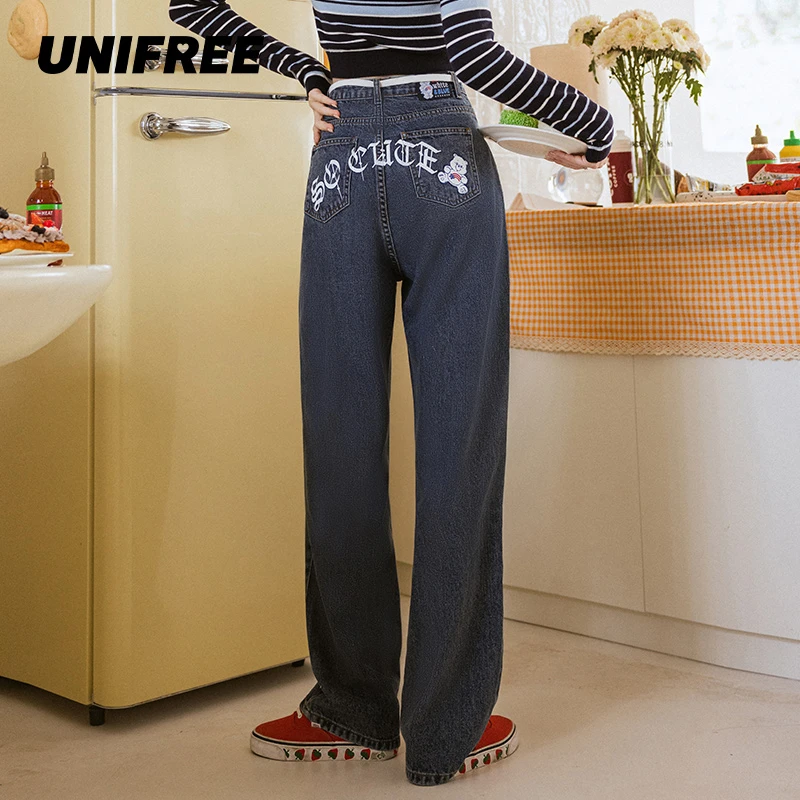 UNIFREE辣妹牛仔裤女高腰宽松贴袋