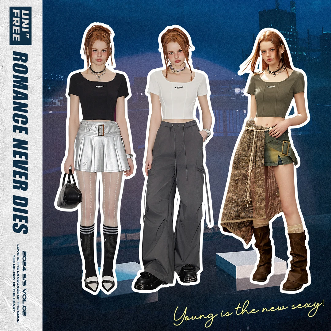 unifree复古正肩短袖T恤纯欲辣妹露脐显瘦鱼骨修身短款上衣百搭