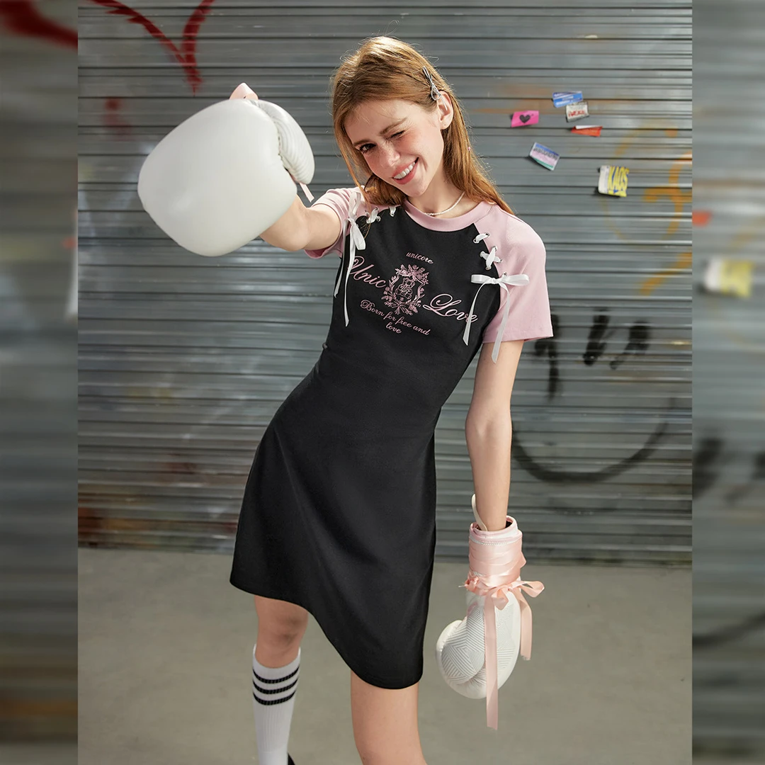 拼色修身连衣裙学院风元气减龄印花显瘦气质夏季少女短款