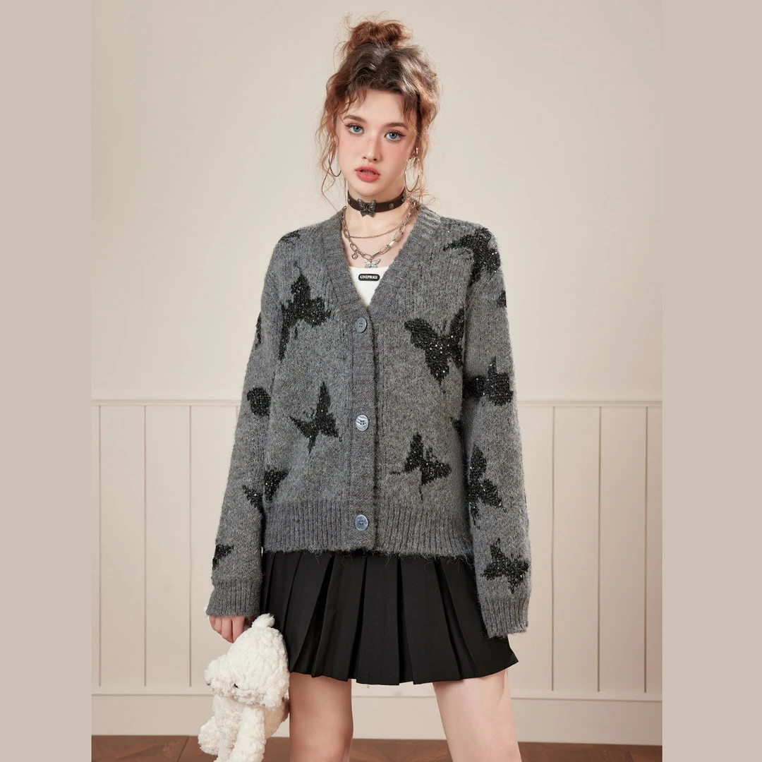 unifree花灰色毛衣蝴蝶秋冬时尚复古简约百搭宽松撞色小香风学院